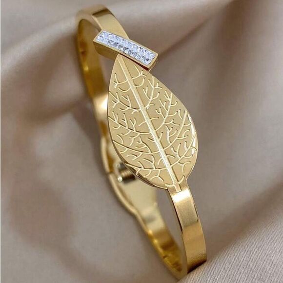 Elegant Gold Leaf Bracelet Vintage Stainless Steel Cuff Bracelet Bangle - Picture 5 of 6